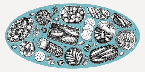 Hand drawn canned fish illustrations collection. Sardines, anchovy, mackerel, tuna, mussels in tin cans, fish canapes, olives, crackers and lemons sketches set in collage style. Table view design